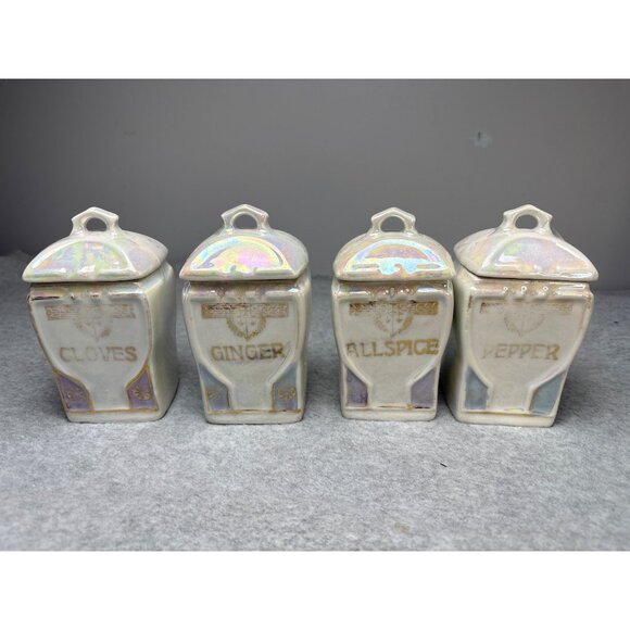 Vintage German Iridescent Porcelain Spice Jar Set 1920s - Picture 1 of 14